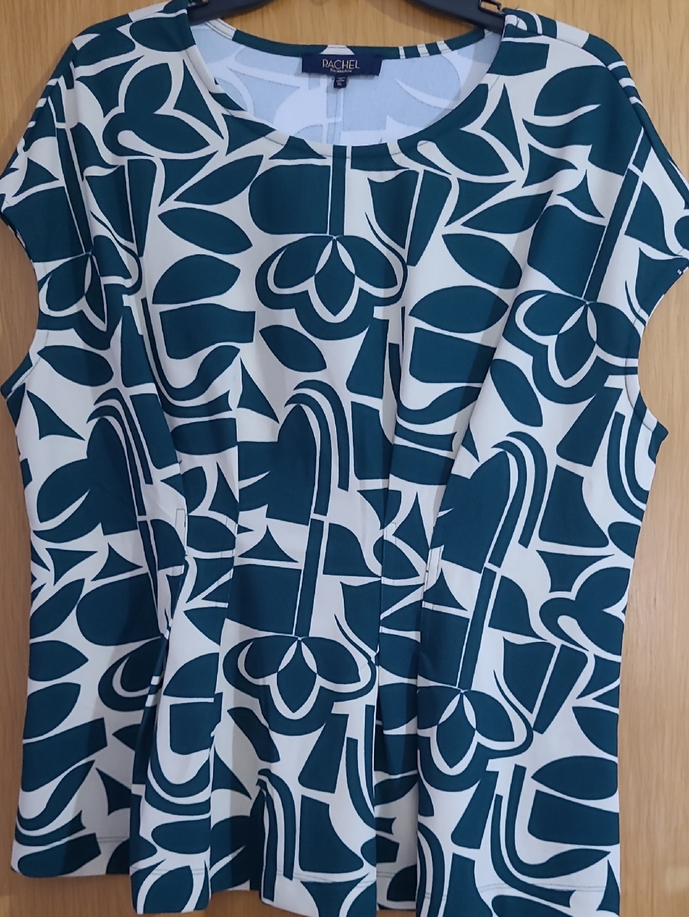 Rachel Rachel Roy Teal and White Graphic Cap-Sleeve Top